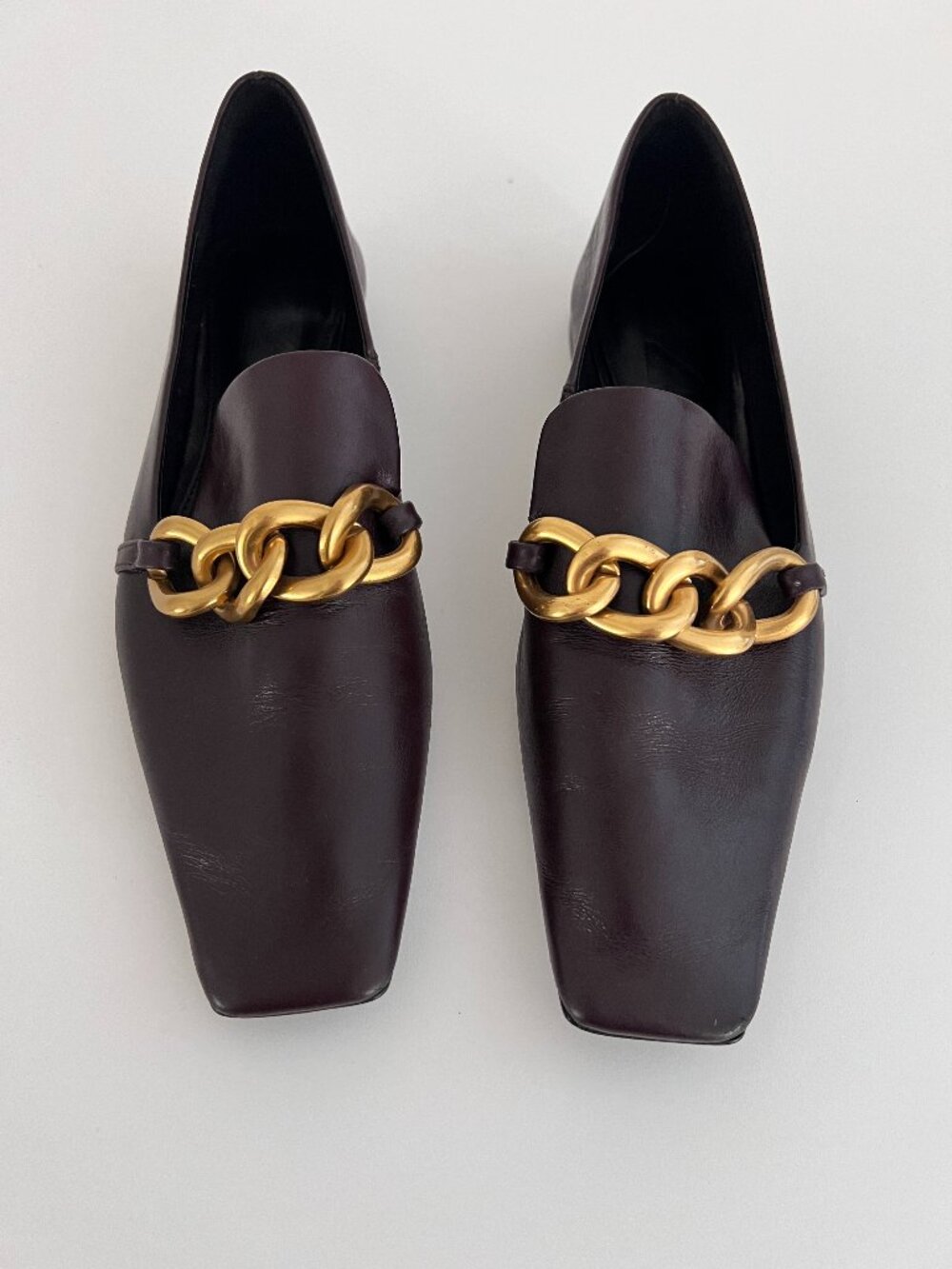 Mango Burgundy Leather Gold Chain Square Toe Loafers Size 6.5